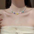 Πολύχρωμο κολιέ με λουλούδια από ρητίνη και πέρλες για καλοκαιρινό στυλ dopamine - 52# Λευκά ψεύτικα μαργαριτάρια πολύχρωμο κολιέ λουλούδι από ρητίνη