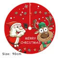 90cm Christmas tree skirt featuring Santa and Reindeer cartoons with festive red base - Red Cartoon Santa Elk