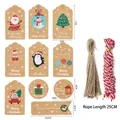 Set of 100 Kraft paper Christmas tags with reindeer and Santa designs and twine cords - Style B (10 Patterns) / 100 Tags + 50 Jute Ropes + 50 Cotton Ropes