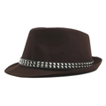 Dark brown wool felt fedora hat with double-row silver square stud leather belt - Double Row Square Rivet Style / Coffee