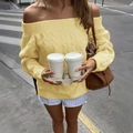 Women's yellow off-shoulder cable knit sweater in a casual urban street style - S / Yellow