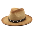 Chapeau Fedora en paille avec bandeau en cuir clouté de style bohème rock pour adultes - M (56-58cm) / Kaki + Caramel