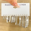 Silver earring set featuring pearls and twisted metal hoops on a display card - 9 Pairs Set-Silver Frosted Pearl Combo