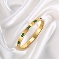 Elegant gold titanium steel bangle with five rectangular green zircon stones on silk - Five Emerald Stone Style