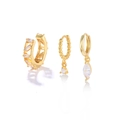 Three-piece gold earring set featuring rectangular and round white zircon crystals - Gold Rectangular Zircon Earring Set (#43)