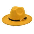 Detail of a bright yellow fedora featuring a black leather band and a gold buckle - M (56-58cm) / Yellow