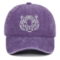 Close-up of silver tiger head embroidery on vintage washed cotton baseball cap - Purple