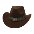 Classic dark brown western cowboy hat with turquoise embroidery and metal buckle detailing - One Size / Coffee