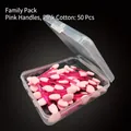 Detailed view of 50pcs pink double-ended disposable eyeshadow sponge brushes in a clear case - 6.5cm Pink Handle Pink Sponge - 50 Pcs Box