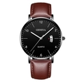 Classic men's quartz watch with black dial, brown leather strap and date display window - Black Dial Silver Hands Black Case Brown Leather Strap