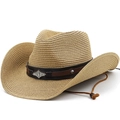 Khaki straw cowboy hat with leather band and adjustable windproof strap for beach sun protection - M (56-58cm) / Khaki