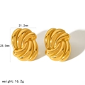 Detailed size view of irregular gold twisted earrings measuring 21.2mm by 28.5mm - Woven Texture Twist Style (TE6824)