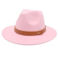Pink wool fedora hat with brown leather belt and gold rivet detail on white background - M (56-58cm) / Pink