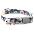 Detail of pet collar with daisy floral pattern, silver bell, and plastic safety buckle - Single Collar / Blue Daisy (Single Collar)