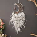 Detailed view of crescent moon dreamcatcher with life tree crystals and white feathers - White Moonlight Tree of Life Feather