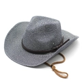 Classic western straw cowboy hat in blue and white weave with leather band and chin strap - M(56-58cm) / Navy Blue