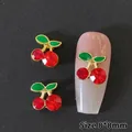 Abalorios de uñas de cereza de cristal rojo 8x8mm con esmalte verde y aleación dorada - 8*8mm / Rojo (Cereza grande)