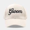 Close-up of Groom embroidery on beige corduroy baseball cap with soft texture - Adjustable / Groom White