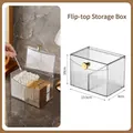 Organizer trucco in acrilico trasparente a righe con manico dorato, 13,5x9x10cm - Bianco Trasparente con Coperchio