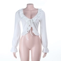 French bohemian white long sleeve crop cardigan with ruffle trim and tie front design - S / White