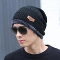 Men's winter knit beanie in black with thick warm fleece lining and leather patch - Adult / Hat Only / Black