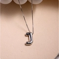 Detailed view of silver 3D balloon letter J pendant with high-gloss mirror finish necklace - Silver (With Necklace) J