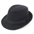 Detail of classic black wool fedora featuring parallel stitching on brim and satin band - One Size / Black