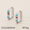 Zilveren U-vormige stalen oorbellen met kleurrijke rechthoekige edelstenen verticaal - 21x16x4mm / Zilver (KE114483-KFC)