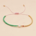 Bracciale fatto a mano con perle verdi e dorate, perla barocca e cordino rosa regolabile - Corda Rosa Perline Verde Oro Perla Artificiale