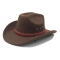 Dark brown felt cowboy hat with woven band and gold metal emblem on a white background - M (56-58cm) / Brown