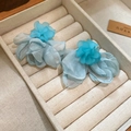 Detailed close-up of blue fabric flower earrings with soft mesh layers in a jewelry box - Blue-Mesh Multi-Layer (925 Sterling Silver Earring Post)