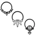 Detailed view of three black nose rings with white zircon and star-shaped charms - 1.2x8mm / Black Hinged Star Zirconia Style (Set 19)