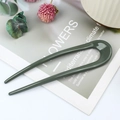 Elegant dark green U-shaped hair pin in smooth resin for a minimalist hair bun style - Glossy Dark Green