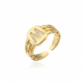 Detail of adjustable gold ring with pavé cubic zirconia letter M and chain-textured band - Letter W