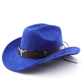 Detail of bright blue suede cowboy hat featuring brown leather band and silver bull head - M (56-58cm) / Sapphire Blue