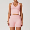 Ensemble de sport rose sans couture avec brassière dos nu et short de yoga côtelé - S / Haut Et Bas / Ensemble deux pièces (Soutien-gorge + Short) / Rose Pêche