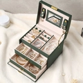 Three-layer dark green PU leather jewelry box with mirror and double drawers - 17*12*12.5cm / Dark Green