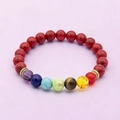 Adjustable 7 chakra healing natural stone bracelet with red tiger eye beads - Red Textured Stone with 7 Chakra Elastic Bracelet - jw32