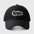 Detail of embroidered Barton 1768 logo on black cotton baseball cap with curved brim - Black