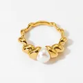 Elegant gold twisted wave ring featuring a lustrous round white shell pearl center - Spiral Twisted Single Pearl Style(KBJ441) / Gold / US 6