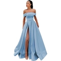 Elegant light blue off-shoulder satin evening gown with high slit and floor-length hem - US size 14 / Top And Bottom / Sky Blue