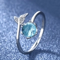 Elegant S925 sterling silver ring with light blue round gemstone and leaf detail - Fishtail White Gold Ljz-31 / Adjustable Open