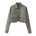 Detail of army green cropped cargo shirt with front pockets and lapel collar - XS / Army Green