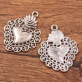 Antique silver heart-shaped Halloween pendant charm with ornate vintage floral patterns - 27B2-14 Hollow Sacred Heart