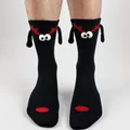 Detail of magnetic Christmas couple socks featuring 3D cartoon deer with red antlers - Black 3D Cartoon Deer