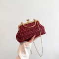Retro red woven shell bag with gold handle, metal frame, and detachable chain strap - Red