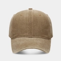 Detail of washed cotton fabric and stitching on khaki six-panel baseball cap - Khaki