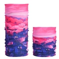 Seamless magic headwear with pink cherry blossoms and blue night town scene pattern - Cherry Blossom Night