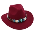 Detail of burgundy felt cowboy hat featuring turquoise stone and bohemian beaded band - One Size / Wine Red Cowboy (Bead Band)