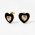 Boucles d'oreilles cœur dorées avec émail noir et pierre en zircone étincelante - Noir (KDE1915)